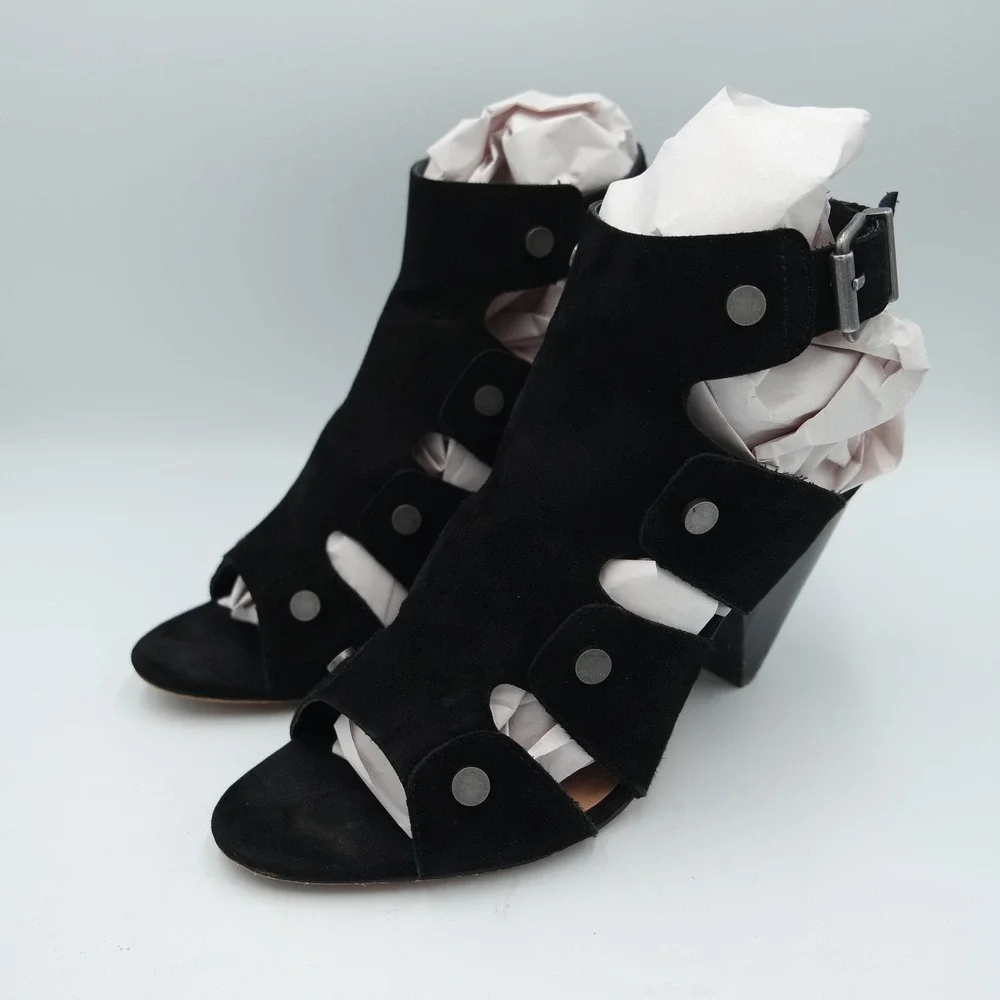 Audrey Brooke Katy Womens Black Suede Studded Cage Cone Heel Sandals Size 7.5
